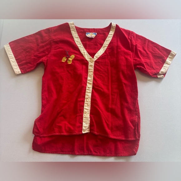 VINTAGE Made in India 100% Cotton Red Short Sleeve Button Up Top w/ Cherries SzM - Picture 4 of 15
